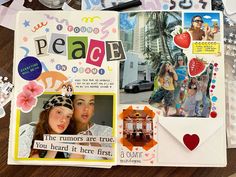 an open scrapbook with pictures and words on it