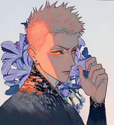 an anime character with pink hair and flowers in his hair