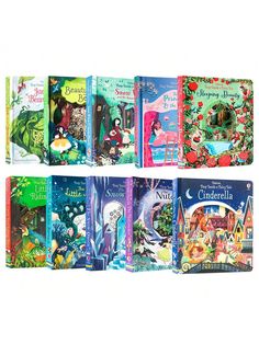 the children's books are lined up in different colors and sizes, with illustrations on them