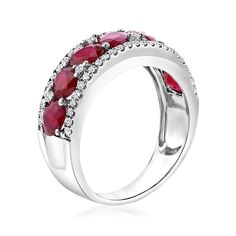 Ross-Simons - 2.80ct t. w. Ruby, .30ct t. w. Diamond Ring in 18kt White Gold. Size 7. You deserve a special gemstone piece to treasure. This magnificent band presents a lush lineup of 2.80 ct. t. w. oval rubies with incredible color and fiery sparkle. Bordered at the top and bottom by .30 ct. t. w. round brilliant-cut diamonds in polished 18kt white gold. Would also make an unforgettable July birthstone piece for your heirloom-worthy collection. 1/4" wide. Diamond and ruby ring. Ruby birthstones Ruby Diamond Ring With Vvs Clarity And Baguette Cut, Anniversary Diamond Gemstones With Diamond Cut, Anniversary Diamond Cut Gemstones, Anniversary Diamond With Diamond Cut, Brilliant Cut Ruby Gemstones Fine Jewelry, Ruby Rings With Pave Setting, Brilliant Cut Ruby Gemstones For Fine Jewelry, Classic Ruby Ring With Pave Setting, Ruby Ring With Pave Setting And Diamond