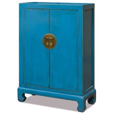 a blue cabinet with a gold button on the door