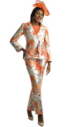 Lily & Taylor 4878 orange multi pant suit Fitted Pant Set For Spring Workwear, Fitted Pant Set For Workwear In Spring, Tailored Long Sleeve Summer Sets, Multicolor Long Sleeve Suits For Spring, Tailored Long Sleeve Sets For Summer, Spring Orange Tailored Suit, Fitted Full-length Blazer For Spring, Multicolor Fitted Formal Suits, Fitted Multicolor Suits For Party