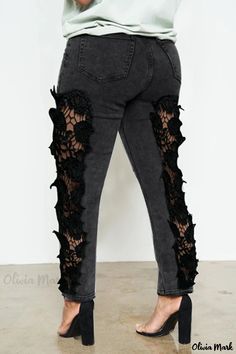 Olivia Mark - Womens Mid-Waisted Casual Denim Pants in Black with Solid Patchwork Design Black High-waisted Denim Pants, Edgy Non-stretch Black Jeans, High-waisted Black Denim Pants, Black Non-stretch Edgy Jeans, High Waist Black Denim Bottoms, Black Non-stretch Denim Pants, Black Non-stretch High Waist Jeans, Black High Waist Non-stretch Jeans, Non-stretch High Waist Black Jeans