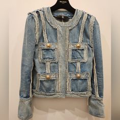 Very Good Condition Designer Blue Denim Jacket For Fall, Designer Denim Jacket For Fall, Designer Blue Denim Jacket With Pockets, Designer Denim Jacket With Pockets For Fall, Designer Denim Outerwear With Pockets, Designer Blue Denim Outerwear, Designer Denim Long Sleeve Outerwear, Balmain Spring 2024, Balmain Denim Jacket