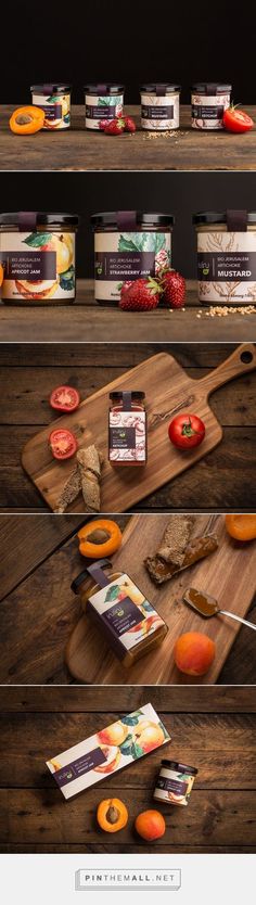 an assortment of food items displayed on wooden shelves