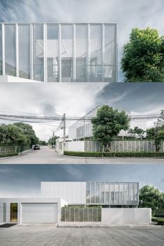 three different views of the same building with trees on each side and cars parked in front