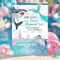 an image of a birthday party with dolphin and shark theme on it's card