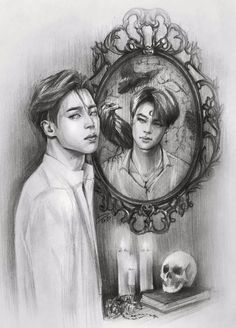 a drawing of two people in front of a mirror with a skull on the table