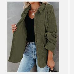 Green Shacket Corduroy- Xl Long Brand New Dark Green Long Sleeve Shirt Outfit, Corduroy Blouse, Green Outfits, Green Corduroy, Pocket Shirt, Crop Top Blouse, Work Attire, Shirt Sale, Oversized Shirt