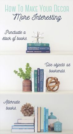 there are three shelves with books and plants on top of each shelf, along with the words more interesting