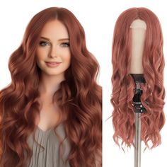 PRICES MAY VARY. Our wavy wig is made of high-quality synthetic heat-resistant fiber, capable of withstanding heating up to 160 degrees Celsius (320°F). The hair is soft, naturally shaped, durable, easy to comb, and resistant to tangling or shedding. The waves of long auburn wig are rich, soft, and long-lasting. Wearing this wig can add volume and length to your hair, helping to change your fashion style and make you more beautiful. It suits any face shape. The wig cap of long wavy wig is breath Auburn Lace Front Wig, Amazon Aburn Wigs, Auburn Wig With Bangs, Auburn Body Wave Wig, Reddish Brown Hair Wig, Wig Stand, Middle Parts, Wig Accessories, Wig Cap