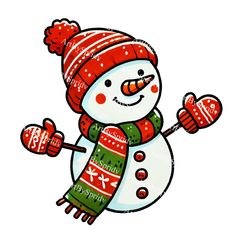 a snowman wearing a red and green hat, scarf and mittens with one hand in the air