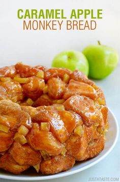 caramel apple monkey bread on a white plate