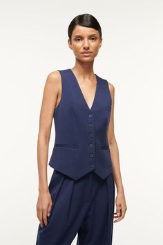 The Brett Vest is the perfect layering piece for a transitional suit. Layer under the City Blazer for a three-piece look or wear on its own for a lighter tailored look. Blue Vest Outfit, Woman Vest, Vest Outfit, Dramatic Classic, Blue Vests, Vest Outfits, Suit Vest, Navy Women, Three Piece