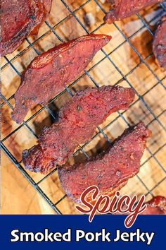 smoked pork is cooking on a grill with the title spicy smoked pork jelky