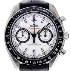 Pre-owned in very good condition Omega Speedmaster Racing Co-axial master Chronometer Chronograph, 44.25 mm stainless steel case, black ceramic bezel with tachymeter scale filled with white enamel, white dial with racing style minute track, 2 subdials with black applied ring , 12 hour counter at 3 o’clock and 60 minutes at 9 o’clock, date aperture at 6 o’clock, arrowed hands and indexes blacked with white superluminova, Speedmaster logo and Central seconds hand with orange tip, automatic self wi Omega Speedmaster Racing, Panerai Luminor Submersible, Races Style, Seiko Presage, Authentic Watches, Fine Watches, Omega Speedmaster, Beautiful Watches, Black Ceramic