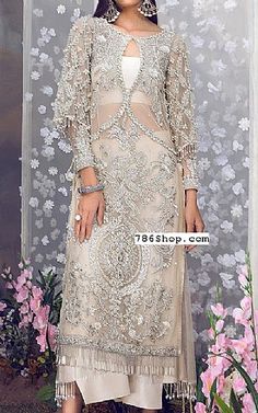 Off-white Net Suit | Pakistani Party Wear Dresses Net Suits Design Indian, Kameez Ideas, Net Suit, Pakistani Wear, Pakistani Shalwar, Chiffon Suit, Pakistani Party Wear Dresses, Desi Fits, Eastern Dresses