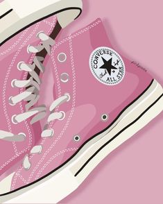 a pink converse shoe with white laces on the bottom and black star at the top