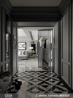 the hallway is decorated in black and white