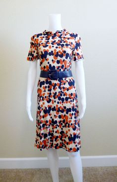 Vintage 1960s Mid Century MOD Dress Orange Navy Blue Ivory Bubbles Circles Random Geometric Short Sleeves Spring Summer. Bubble Pattern, Dress For Spring, Mid Century Mod, Dress Orange, Mod Dress, Accessories Vintage, Blue Ivory, Polka Dot Dress, Vintage 1960s