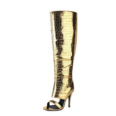 Shop Golden Metallic Bamboo Printed Open Toe Knee Knee Boots Summer Party Boots Sandals color Golden for Ball, Dancing Club, Night Club, Party, Red Carpet with worldwide Free shipping & Free return. Closed Toe Sandals For Party, Gold High Heel Summer Boots, Holiday High Heel Sandals, Gold Heels For Evening Party, Trendy Party Boots For Spring, Gold Evening Party Heels, Trendy Spring Party Boots, Gold Open Toe Heels For Evening, Gold Heels For Party