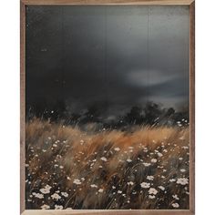 an oil painting on canvas of a field with wildflowers and storm clouds in the background