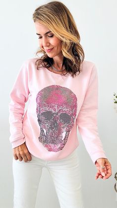 CUSTOM Pink Skull Classic Sweatshirt Winter Skull Print Cotton Tops, Winter Cotton Tops With Skull Print, Winter Cotton Top With Skull Print, Skull Print Relaxed Fit Long Sleeve T-shirt, Relaxed Fit Skull Print Sweatshirt With Crew Neck, Winter Skull Print Relaxed Fit Tops, Cotton Skull Print Relaxed Fit Sweatshirt, Relaxed Fit Cotton Sweatshirt With Skull Print, Relaxed Fit Skull Print Tops For Winter