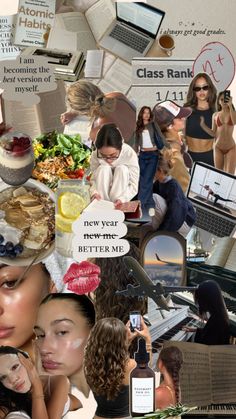 a collage of photos with women and laptops in the middle one has words that read class rank, new year's eve better me