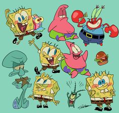 spongebob cartoon characters with different expressions and haircuts, all in various poses