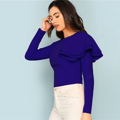 Gender: Women Item Type: Tops Tops Type: Tees Material: Polyester Material: Spandex Style: Office Lady Fabric Type: Broadcloth Sleeve Length(cm): Full Decoration: Ruffles Clothing Length: REGULAR Pattern Type: Solid Collar: O-Neck Sleeve Style: REGULAR Model Number: tee180910704 UID: 181018237 Color: Blue Material: 95% Polyester, 5% Spandex Neckline: Round Neck Sleeve Length: Long Sleeve Pattern Type: Plain Decoration: Ruffle, Zipper Style: Elegant Fabric: Fabric has some stretch Season: Spring, Trendy Blue Ruffled Tops, Trendy Blue Tops With Ruffles, Trendy Stretch T-shirt With Ruffles, Blue Ruffled Tops For Fall, Blue Crew Neck Top With Ruffles, Ruffle Shoulder Top, Elegant Fabric, Ruffle Long Sleeve, Style Office