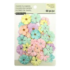 paper flowers with sequins and pearls in pastel colors, 50 pc / pz