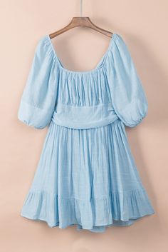 Sky Blue Bow Knot Square Neck Ruffled High Waist Mini Dress Light Blue Square Neck Mini Dress With Ruffles, Light Blue Mini Dress With Ruffles And Square Neck, Casual Puff Sleeve Dress With Ruffles For Beach, Summer Puff Sleeve Dress With Ruffles For Vacation, Vacation Puff Sleeve Dress With Ruffles And Square Neck, Vacation Puff Sleeve Dress With Square Neck And Ruffles, Square Neck Puff Sleeve Dress With Ruffles For Vacation, Blue Mini Dress With Ruffle Hem And Square Neck, Summer Beach Puff Sleeve Dress With Ruffles