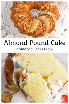 two pictures with different types of pound cake on them and the words, almond pound cake