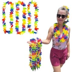 a woman wearing sunglasses and colorful leis with her hands out in front of the camera