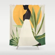 a shower curtain with an image of a woman in a white dress and palm leaves