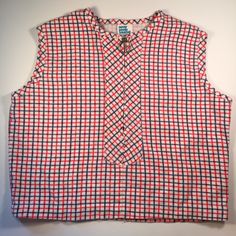 This is a fabulous vintage sleeveless blouse dating to the early 1960's. The shirt would look amazing with some pedal pushers or high waisted denim shorts for the summer. The blouse is red white and blue plaid with a silver zipper on the chest.  The shirt is in good condition for a garment of this age. It has light fading and a few small spots but is still very wearable. There are no size tags, so please check the measurements to ensure a proper fit. Chest- 30 inches Waist- 30 inches Length- 15 Vintage Red Sleeveless Top, Vintage Vest Tops For Summer, Fitted Vintage Vest Top, Red Cotton Retro Vest, Red Retro Cotton Vest, Retro Red Cotton Vest, Vintage Red Vest Top, Retro Sleeveless Cotton Tops, Retro Sleeveless Cotton Vest