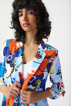 A true statement piece, this bold open blazer will elevate any ensemble. Distinguished by an alluring face-print design, this flowy woven blazer features sleek side slits, three-quarter tab sleeves, and delicate D-ring detail, all combined to add sophistication to this new wardrobe favourite. DETAILS & CARE 100% Polyester Flowy woven fabric Notched collar Three-quarter tab sleeves Unlined Hand wash in cold water with like colors Do not bleach Hang to dry in the shade Do not tumble dry Do not iro Printed Notch Lapel Blazer For Work, Chic Fitted Printed Blazer, Spring Printed Blazer With Notch Lapel, Multicolor Spring Blazer For Work, Multicolor Printed Blazer For Spring, Printed Blazer For Workwear In Fall, Chic Printed Spring Blazer, Fitted Notch Lapel Blazer With Print, Fitted Notch Lapel Printed Blazer