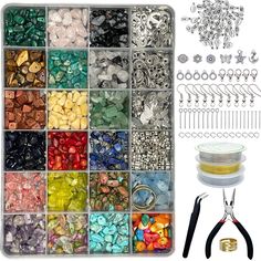 PRICES MAY VARY. [All-in-one Jewelry Making Kit] The jewelry making kit includes about 1200 PCS chips gemstone beads of 20 assorted colors, 170 PCS silver cute pendants (7 Kind of Shape) , 50 x Earring Hooks, 50 x T-Head Pins, 50 x 9-Head Pins, 10 x Lobster Clasps, 50 x Silver Jump Rings, 3 x Jewelry Wire(Clear/Silver/Gold) and 1 x Tweezers, 1 x Jump Ring Opener Tool, 1 x Flat Nose Pliers, packed in a 24 grids box, it's a perfect bracelet making kit for adults, girls [Colorful Gemstone Beads]: T Crystal Beads Jewelry, Fabric Cuff Bracelet, Jewellery Making Tools, Bracelet Making Kit, Crystal Bead Jewelry, Jewelry Making Kits, Jewelry Pliers, Jewelry Making Kit, Natural Stone Jewelry