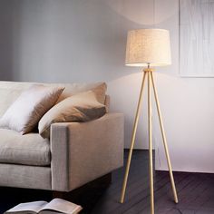 a floor lamp next to a couch in a living room