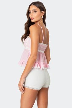 Lace Trim Babydoll Tank Top – edikted Cotton Spaghetti Straps Tank Top With Ruffles, Cotton Ruffle Cami Tank Top, Cotton Tank Top With Adjustable Ruffled Straps, Cute Lace Trim Cami Camisole, Cute Lace Trim Camisole, Pink Ruffled Cami Tank Top, Cute Ruffled Camisole Tank Top, Cute Camisole With Lace Trim, Sleeveless Ruffled Camisole For Loungewear