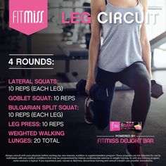 a woman is doing exercises for her legs and arms with the words, leg circuit 4 rounds