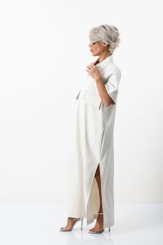 Elegant V-neck Relaxed Fit Shirt Dress, Fitted Midi Dress With Side Slits For Daywear, Chic Cotton Midi Dress With Side Slits, Daywear Longline Maxi Dress, Chic Daywear Dresses With Side Slits, Elegant Long Cotton Dress, Elegant Daywear Dresses With Side Slits, Elegant Cotton Dresses With Side Slits, Elegant White Longline Dresses