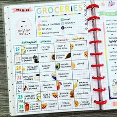 an open planner with stickers on it and the words grocery list written in red