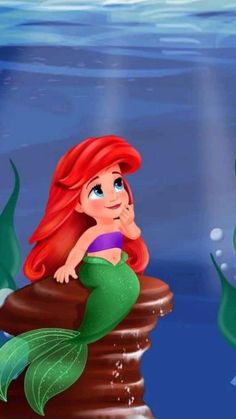 the little mermaid is sitting on top of a rock in the ocean and looking at something