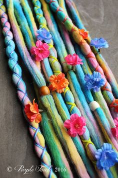 Flower Tie Dye, Flower Maiden, Hippie Crafts, Faux Locks, Flower Tie, Dreadlock Extensions, Wool Tie, Tie Dye Colors, Unicorn Hair