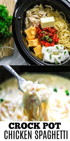 crock pot chicken spaghetti Crock Pot Chicken Spaghetti, Creamy Chicken Spaghetti, Chicken Spaghetti Recipes, Chicken Spaghetti, Think Food, Crock Pot Slow Cooker