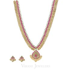 This is a gorgeous multi-stone 22k gold Kasu Mala drop necklace and earring set. Each coin features an engraved flower design, accented by ruby and emerald stones. The Kasu Mala necklace is complemented by matching earrings, with a total gold weight of 91.3 grams. This multi-stone jewelry set is perfect for formal occasions. Gold Kasu Mala, Kasu Mala, Gold For Women, Engraved Flower, Gold Bead Necklace, Ruby Emerald, Necklace And Earrings Set, Mala Necklace, Necklace And Earring Set