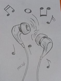 a drawing of an earbuds with music notes coming out of the headset