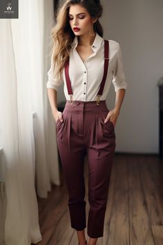 Introducing our sophisticated and chic Women's Burgundy Pleated Trousers with Attached Suspenders and Pockets - a perfect blend of style, comfort, and functionality. Elevate your wardrobe with this versatile piece that seamlessly transitions from casual to semi-formal occasions. Crafted with the modern woman in mind, these trousers boast a rich burgundy hue that adds a touch of elegance to any ensemble. The pleated design enhances the overall aesthetic, providing a tailored and polished look that effortlessly complements your individual style. The attached suspenders not only serve as a stylish accessory but also offer a customizable fit, allowing you to achieve the perfect silhouette. Designed for both fashion and functionality, these trousers feature strategically placed pockets for adde 90s Fashion Office Outfits, 1990s Inspired Outfit, Vintage Modern Outfits Women, Business Casual Outfits No Jeans, Business Casual Shorts Outfit, Vintage Trousers Outfit, 90s Business Casual, Retro Outfits 90s, 90s Chic