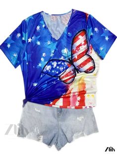 Zlily - Womens Plus Size Independence Day T-Shirt Featuring Star & Flag Butterfly Print, V-Neckline and Slight Stretch for Comfort Casual V-neck Star Print Top, Summer V-neck T-shirt With American Flag Print, Patriotic V-neck Summer Tops, Summer V-neck Tops With American Flag Print, American Flag Print V-neck Tops For Summer, V-neck Tops With American Flag Print For Summer, Spring Graphic Tee With Star Print, Patriotic Star Print Short Sleeve Tops, Patriotic Short Sleeve Top With Star Print